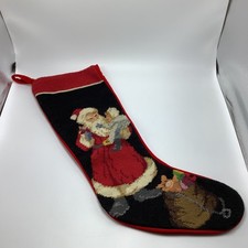 VTG Imperial Elegance Wool Needlepoint 19" Old World Santa Stocking Velvet Back