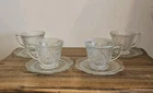Jeannette Depression Glass IRIS & HERRINGBONE Crystal Cup and Saucer Set (4)