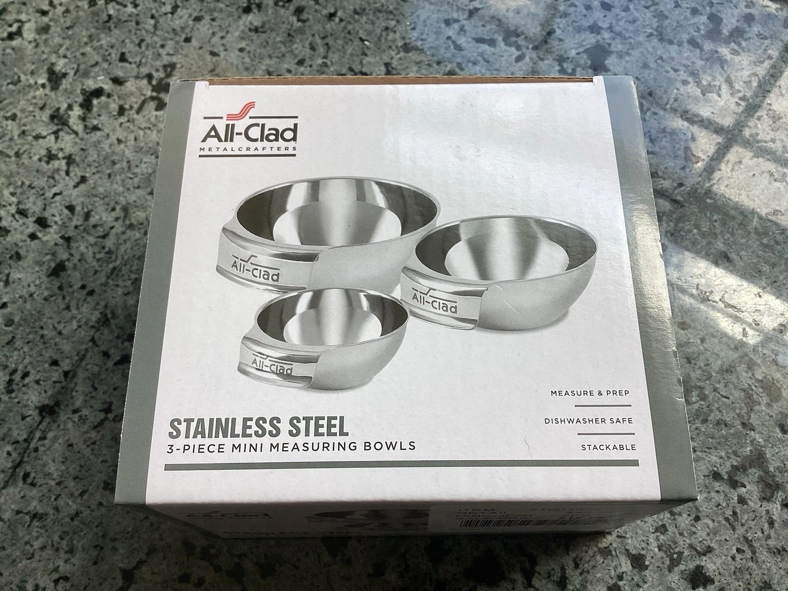 All-Clad Stainless Steel 3 Piece Mini Measuring Bowls 1 cup 1/2 cup 1/4 cup NIB