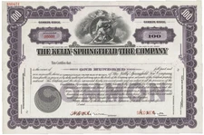 The Kelly-Springfield Tire Company. Stock Certificate.