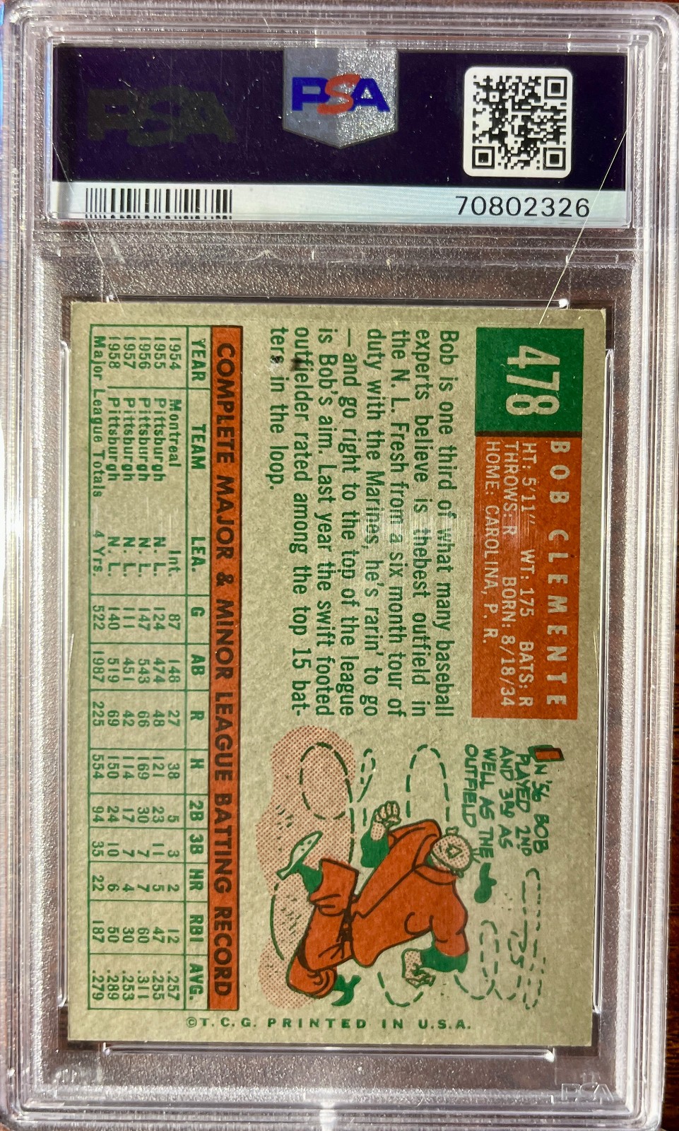 1959 TOPPS ROBERTO BOB CLEMENTE #478 PSA 5 view 2