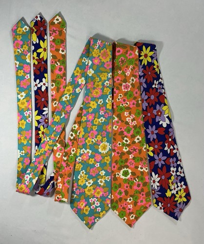 Vintage 70s Lot Of 3 Neck Ties Retro Bright Floral Mod Fashion Barkcloth Hippy