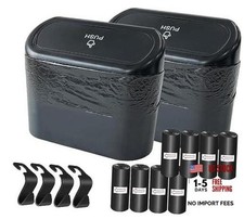 Black 2 Pack Car Trash Can with Lid  4 PCS Car Hooks - Mini Auto Dustbin