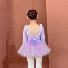 Girls Ruffle Leotard Skirt Glitter Ballet Dress Back Long Sleeve Outfits