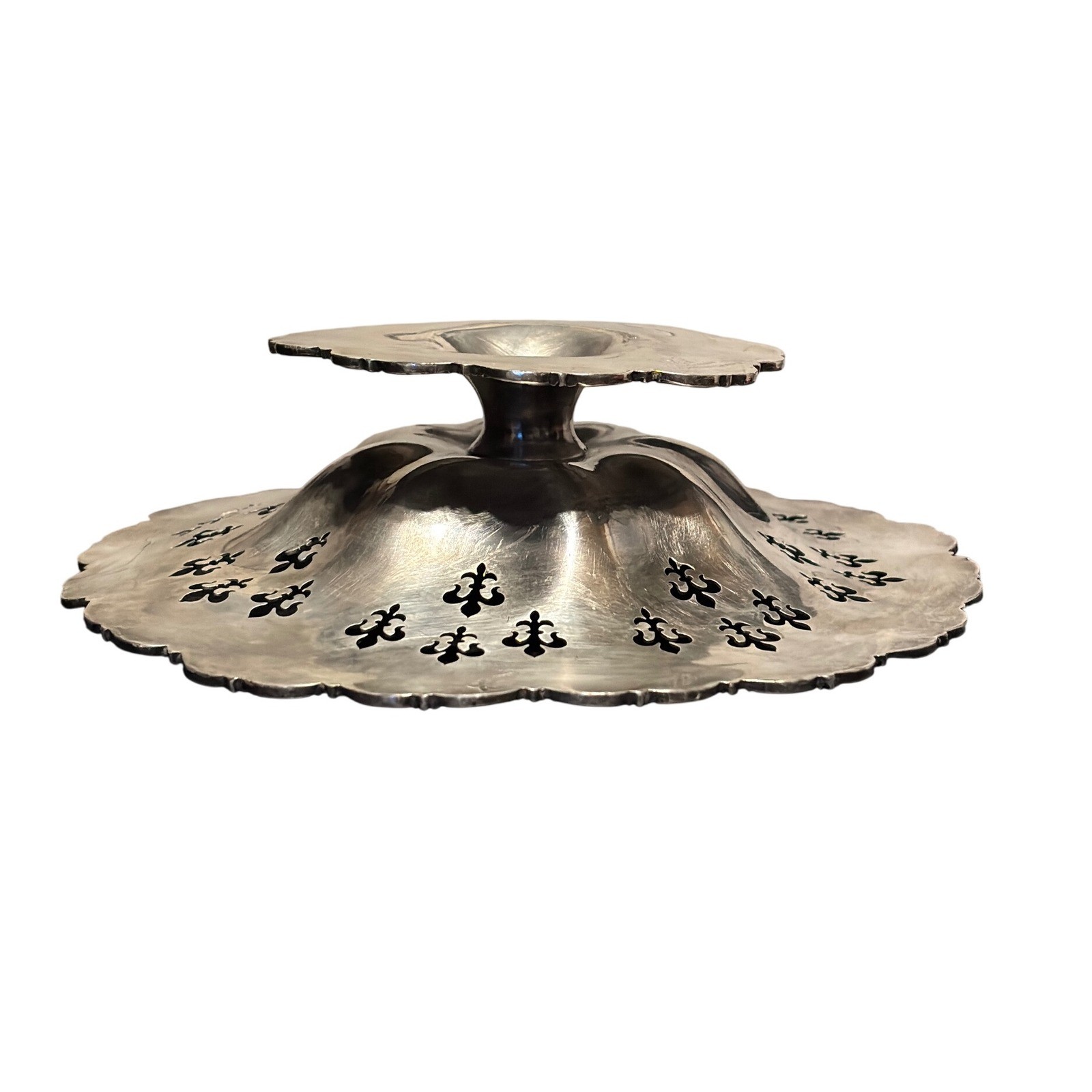Vintage Silver Plated Footed Compote Bowl Fleur de Lis Cutout Ornate Pedestal