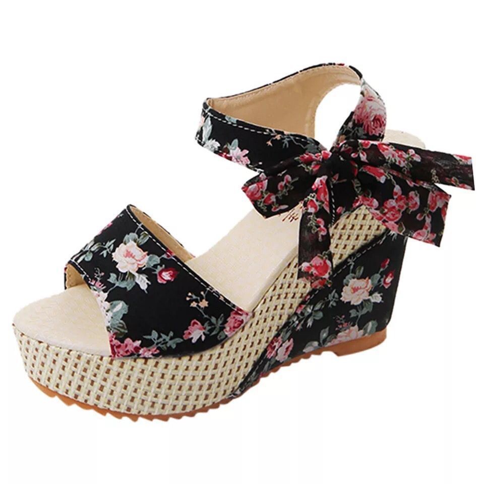 Sandalias de cuña florales boho de playa con correa al tobillo zapatos de plataforma sandalias de tacón alto