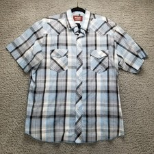 Wrangler Shirt Mens XL Blue Plaid Western Pearl Snap Short Sleeve Read