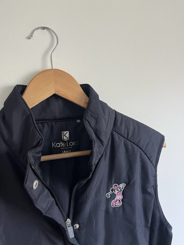 Kate Lord Disney Womens Puffer Vest Jacket Golf Minnie Black Sz Large Full Zip - Image 2 of 3
