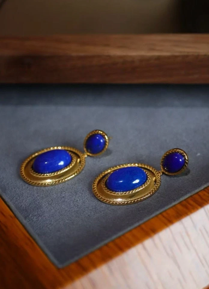 Brincos pendurados de lápis-lazúli natural prata esterlina 925 - Imagem 3 de 4