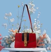 GUCCI Sylvie Mini Red Navy Leather Shoulder Bag Auth