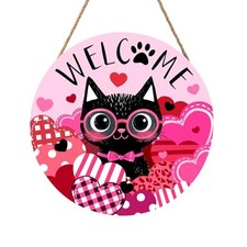 Welcome Valentine's Day Door Sign For Front Door Decor,Pink Love Black Cat