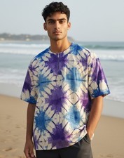 Vintage Men’s Lg Boho Hippy Tie Dyed Pull Over Kaftan Handmade Embossed Cotton