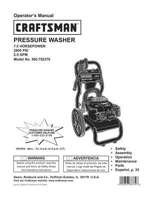 #ad Owners Manual amp; Parts List Craftsman 2800 PSI Pressure Washer Model 580.752370 $19.95