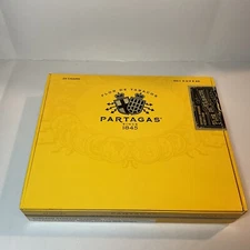 Partagas Yellow Flip Lid Wood Cigar Box  8.5” x 7” x 1.5"