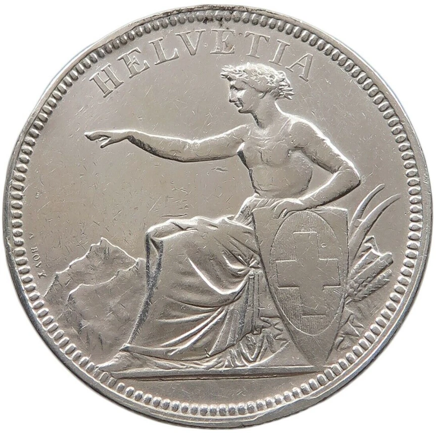 :1874-B 5 FRANCS SWITZERLAND TRADE DOLLAR SEATED HELVETIA PCGS AU DETAILS  - Image 4 of 4