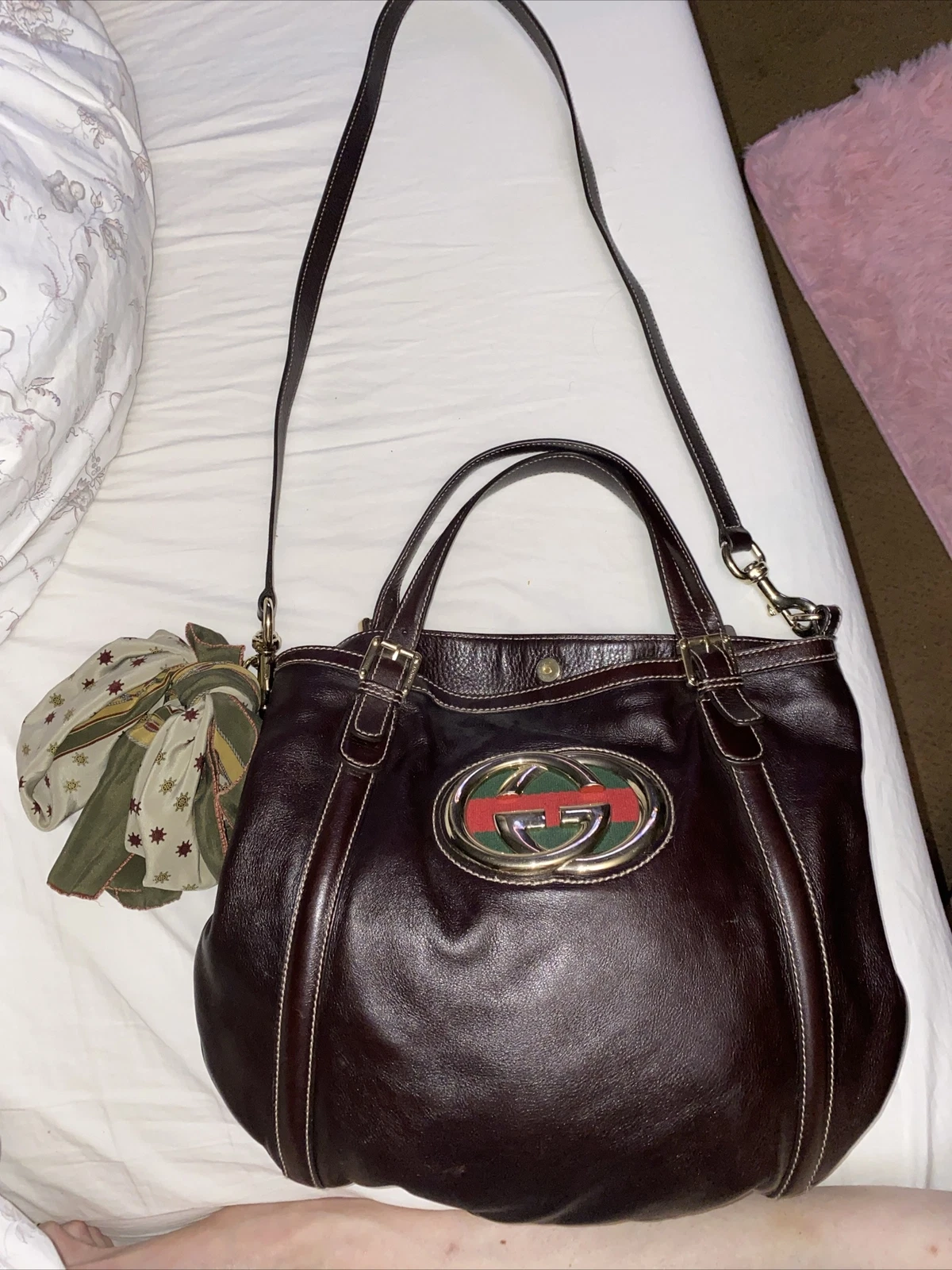 Gucci fourre tout épaule créateur double G Sherry marron foncé rare comprend écharpe