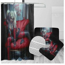 Harley Quinn Bathroom Rug Set Shower Curtain Bath Mats Non-Slip Toilet Lid Cover