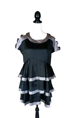 GO International Dress Womens 11 Black Silver Cocktail Tiered Ruffle Party
