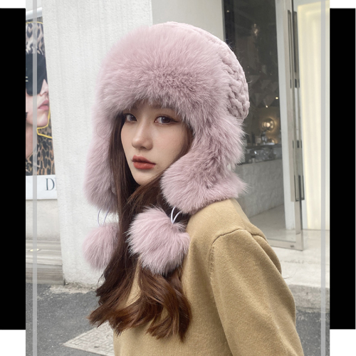 Sombrero de Invierno Mujer Cálido Natural Piel de Conejo Tejido Sombreros con Orejeras Sombrero Cosido a Mano - Imagen 12 de 27