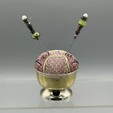 Upcycled Vintage EPNS Pedestal Salt Cellar Pincushion Brocade Beaded Pins