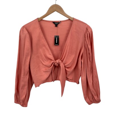 Express Crop Top Womens Large Pink Linen Blend Balloon Sleeve Tie Knot Front