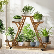 Indoor Outdoor Plant Stand Flower Pot Holder Rack Wood Shelf Wheels Heavy Duty