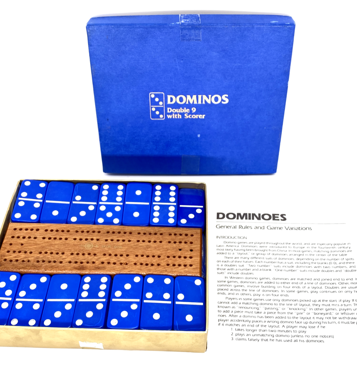 Double 9 Dominoes 55 Bones Tiles Blue and Scorer Samuel Ward Co