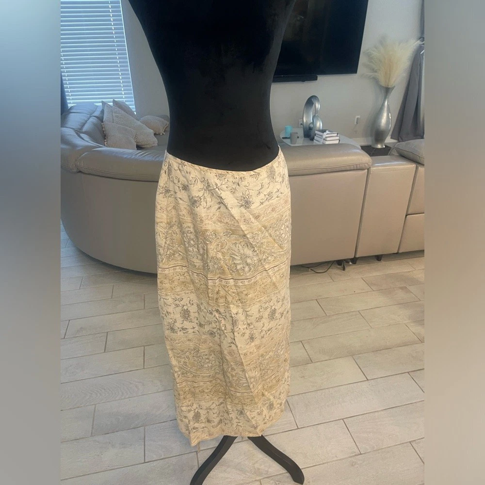 Vintage Emanuel Ungaro Liberte 100% linen wrap print midi skirt US 12