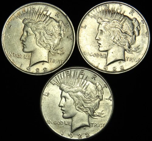 1922 PDS SET OF CIRCULATED PEACE SILVER DOLLARS, AU GRADE, BETTER DATES