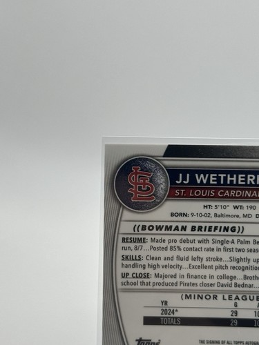JJ Wetherholt 2025 Bowman 1st Chrome Prospect Auto St. Louis Cardinals #CPA-JW - Picture 7 of 10