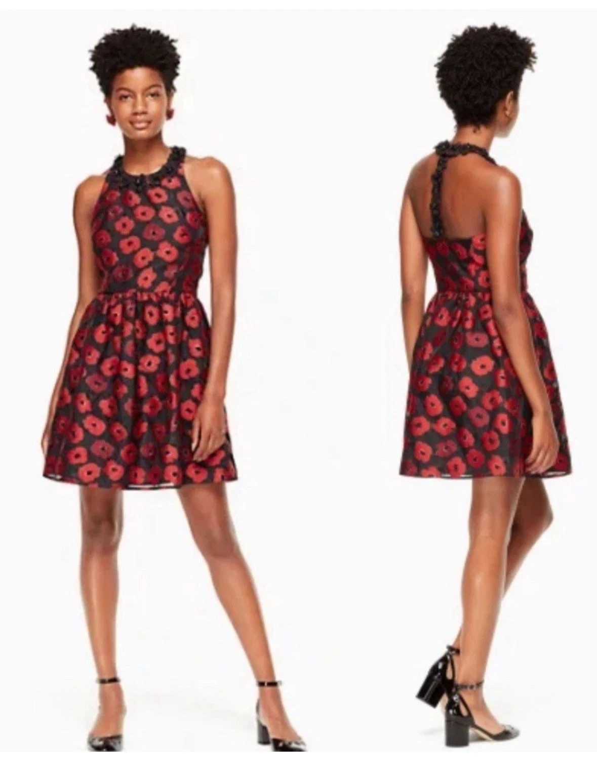 Mini abito Kate Spade impreziosito rosso nero papavero taglia 00 nuovo $478