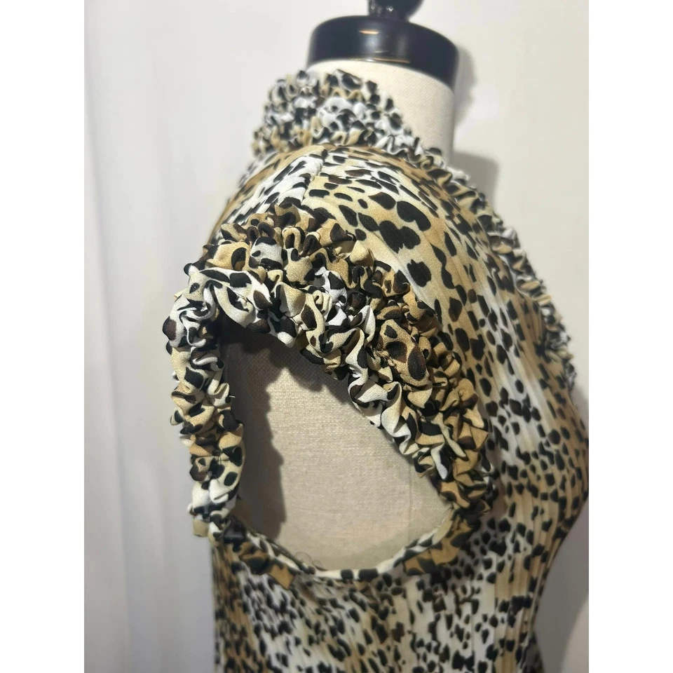 SUNNY LEIGH Leopard Polyester Sleeveless Ruffle Blouse Top Vneck Career Womens S - Image 3 of 4