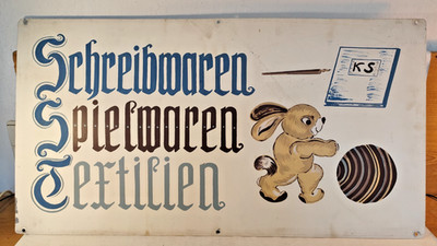 Ladenschild KS Spielwaren Textilien ect. Osterhase Hase Reklame 1940/50