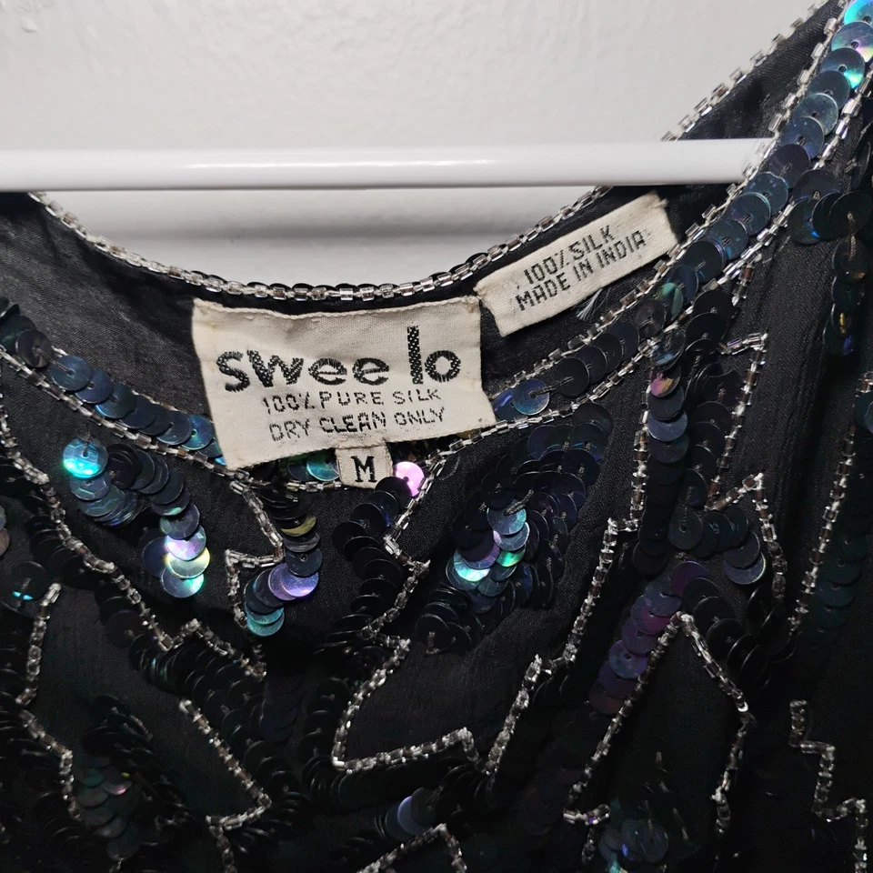 Vestido Vintage Lentejuelas Fiesta/Cóctel MIDI 100% Seda Gótico Sirena Años 90 Talla Med Foto 4 de 4