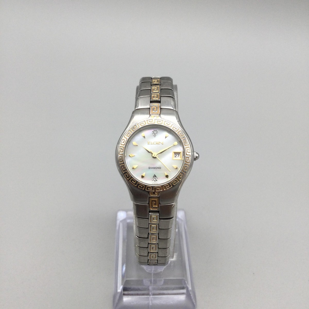 ELGIN 時計　ダイヤ Elgin Watch Womens 25mm Two-Tone MOP Date Diamond Greek Key New