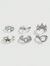 6Pcs Silver Star Gothic Punk Hollow Out Ring Set One Size