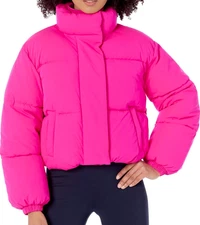 Amazon Essentials Women's Cropped Full-Zip Puffer Jacket Neon Pink Medium