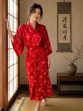 Red Vintage Chinese Medallion Kimono Robe Floral OS satin lined