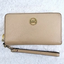 MICHAEL KORS Taupe Pebble Leather Jet Set Travel Zip Around Wallet Wristlet