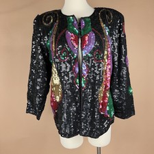 Vintage Womens Size L Black Multicolored Sequined Beaded Jacket