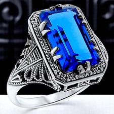 ANTIQUE STYLE 925 STERLING SILVER 6 CARAT SIMULATED LONDON BLUE TOPAZ RING  376