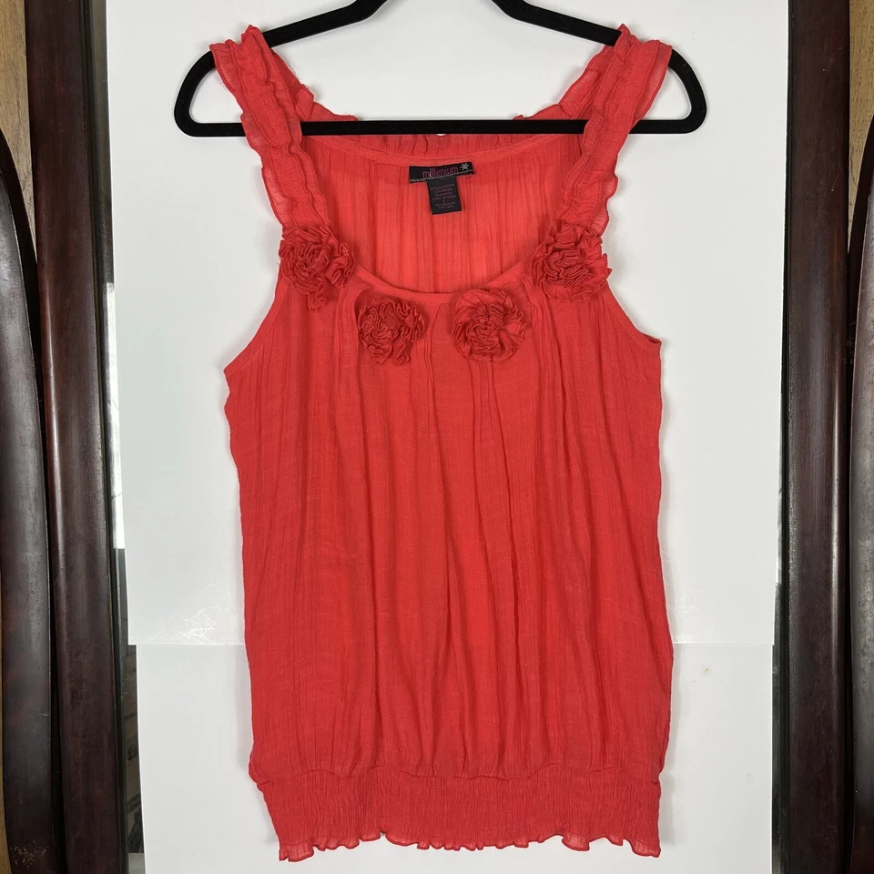 Blusa Millenium (Talla L) Naranja Sin Mangas Sin Mangas Con Detalles Florales Camisa Top Foto 2 de 4
