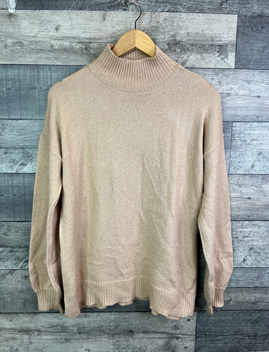 D&CO Denim & Co Pullover Large beige hoher Trichterausschnitt klassisch Winter Strick Baumwolle