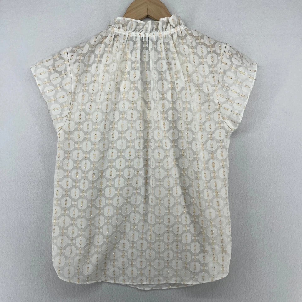 Blusa AQUA Top XS Jacquard Metálico Volantes Cuello Atado Geométrico Manga Gorra Blanca Foto 4 de 4