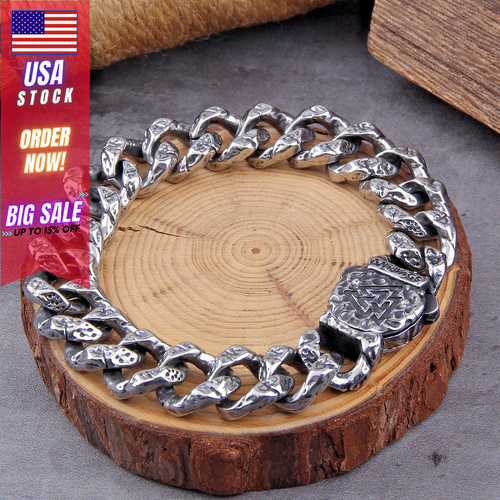 Viking Stainless Steel Bracelet Dragon Rune Cuban Chain Vintage Bangle Gift New