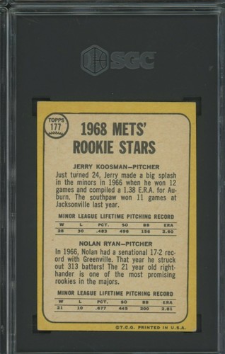Nolan Ryan 1968 Topps Novato #177 "Milton Bradley Game Edition" ** SGC 2 ** - Imagen 2 de 2