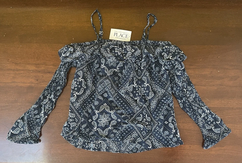 TCP Girls Adjustable Strap Paisley Cold Shoulder Ruffle Long Sleeve Top Blue S - Image 4 of 4