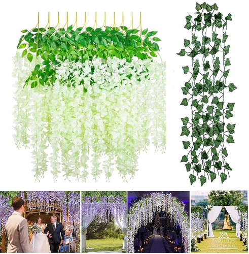 12 Pack Artificial Wisteria Hanging Flowers /6.56 Feet Artificial Ivy Leave Vine - Picture 16 of 17