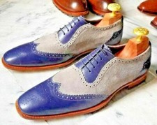 Men's Handmade Genuine Blue Leather  Gray Suede Oxford Brogue Lace Up Shoe 7-17