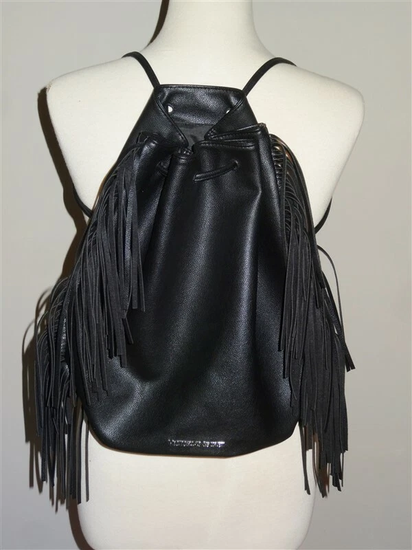 Victoria's Secret Fringe Drawstring Backpack Faux Leather Black Purse Bag  *NWT*